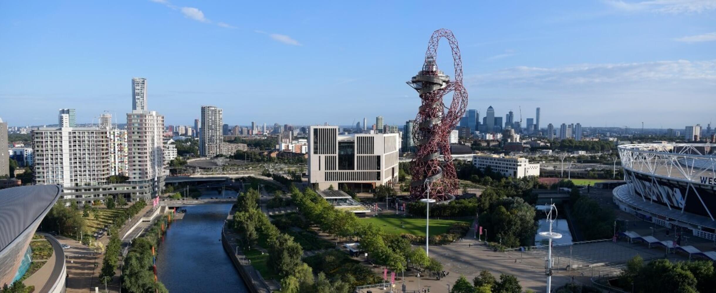 Beautiful shot of the Park, featuring London Stadium and the ArcelorMittal Orbit