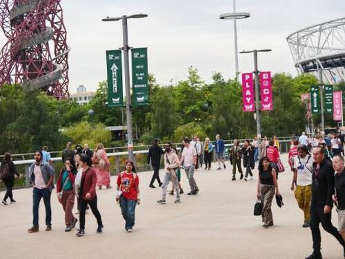 Photo of people walking on Stratford Walk on Queen Elizabeth Olympic Park