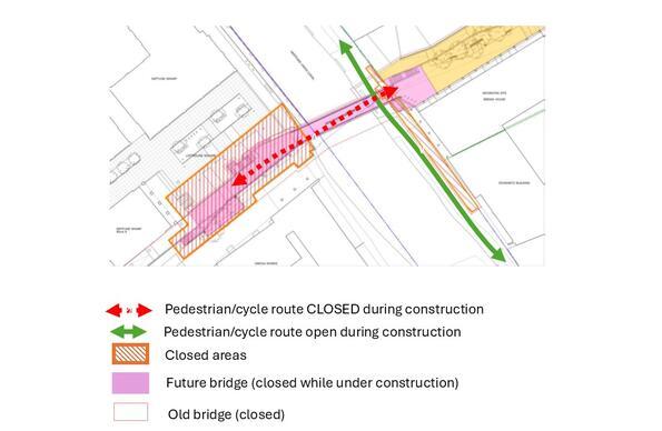 Plan showing Roach Point Bridge Closed, Towpath open, and location of closed areas