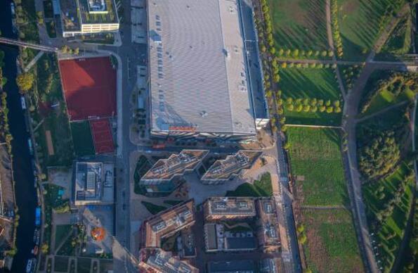 An aerial image of Here East and the surrounding residential buildings