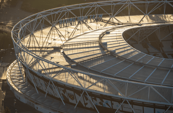 An aerial shot of London Stadium at sunset