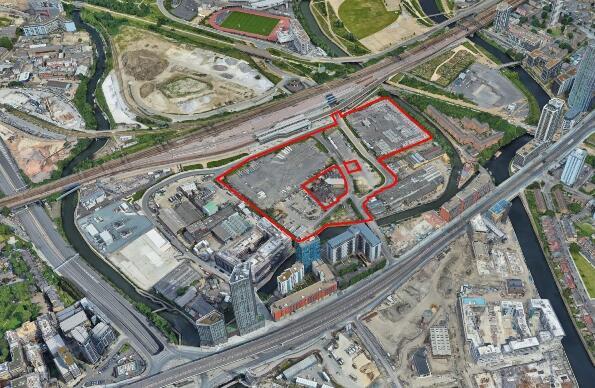 Areial View with Pudding Mill Lane site boundary indicatively shown in red.