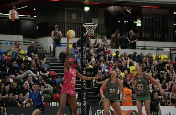 A London Pulse player shoots at Copper Box Arena