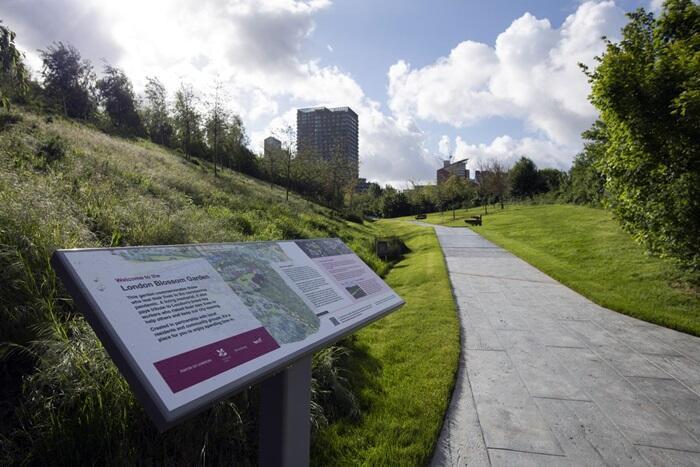 Vew of information board and path in garden