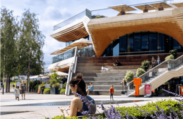 A person sitting on a bench at Stratford Cross